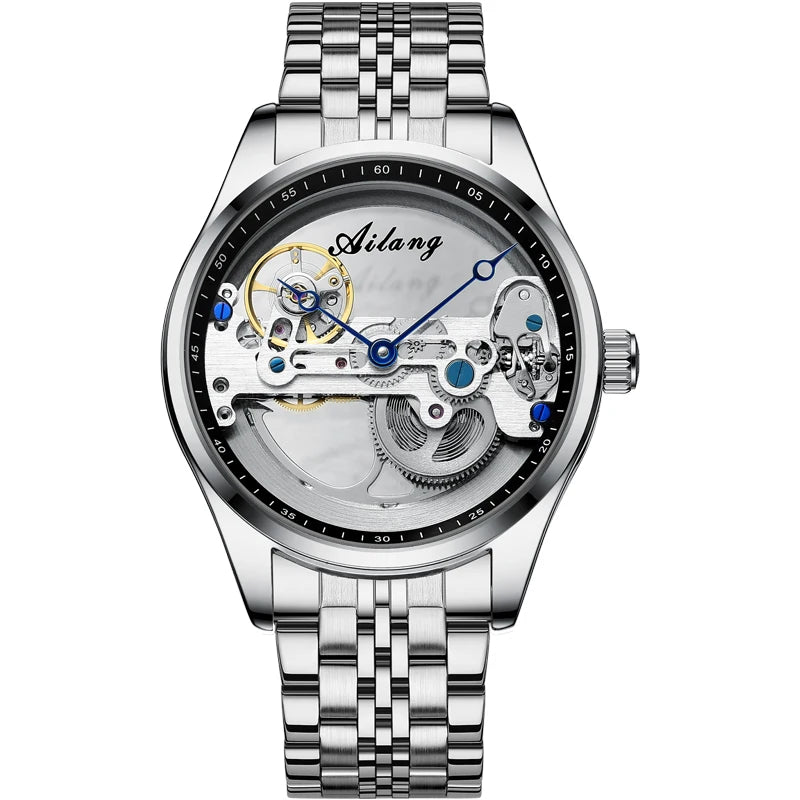 AILANG Men's Hollow Automatic Mechanical Watch – Black Leather, Skeleton Dial