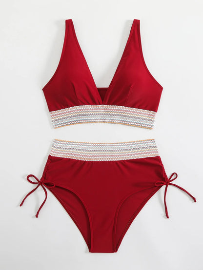 2024 Solid Color Drawstring Bikini Set Fashion High Waist Separate Patchwork Swimwear Drawstring Women Swimsuit Women