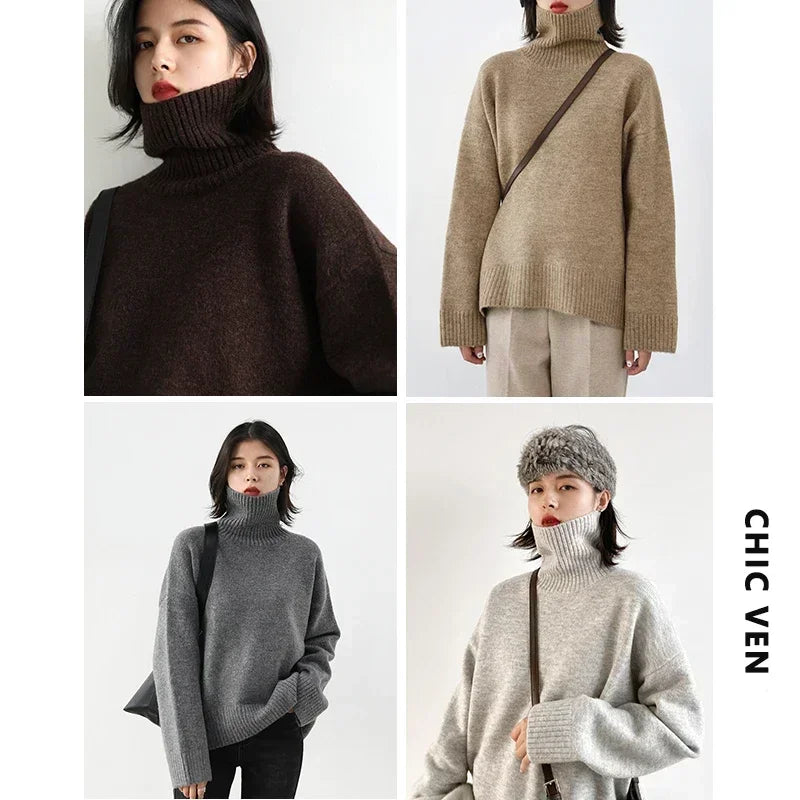 CHIC VEN Women's Loose Turtleneck Jumper – Warm Knitted Winter Sweater