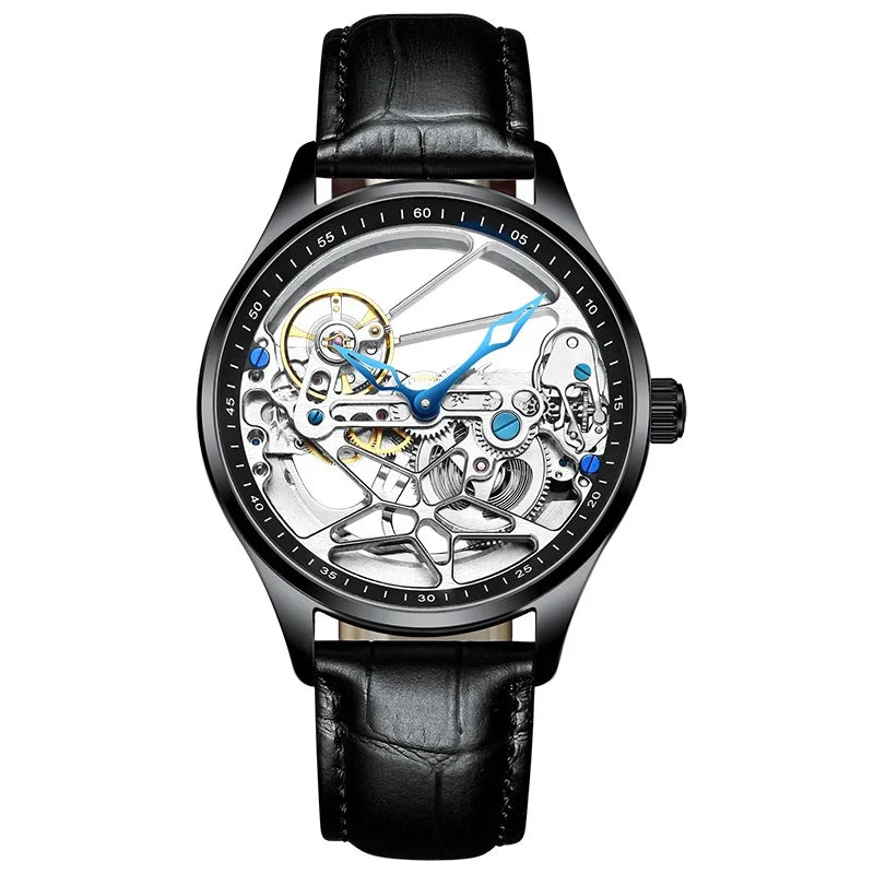 AILANG Men's Sports Automatic Watch – Leather Strap, Luminous Hollow Dial