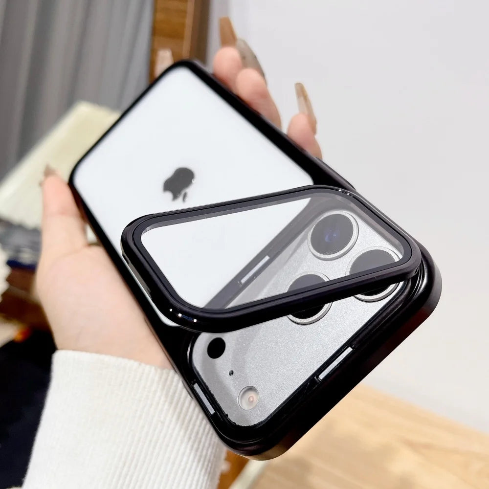 Plating Fold Glass Camera Stand Holder Clear Phone Case For iPhone 17 Pro Max 17 Pro Ultra Thin Transparent Shockproof PC Cover