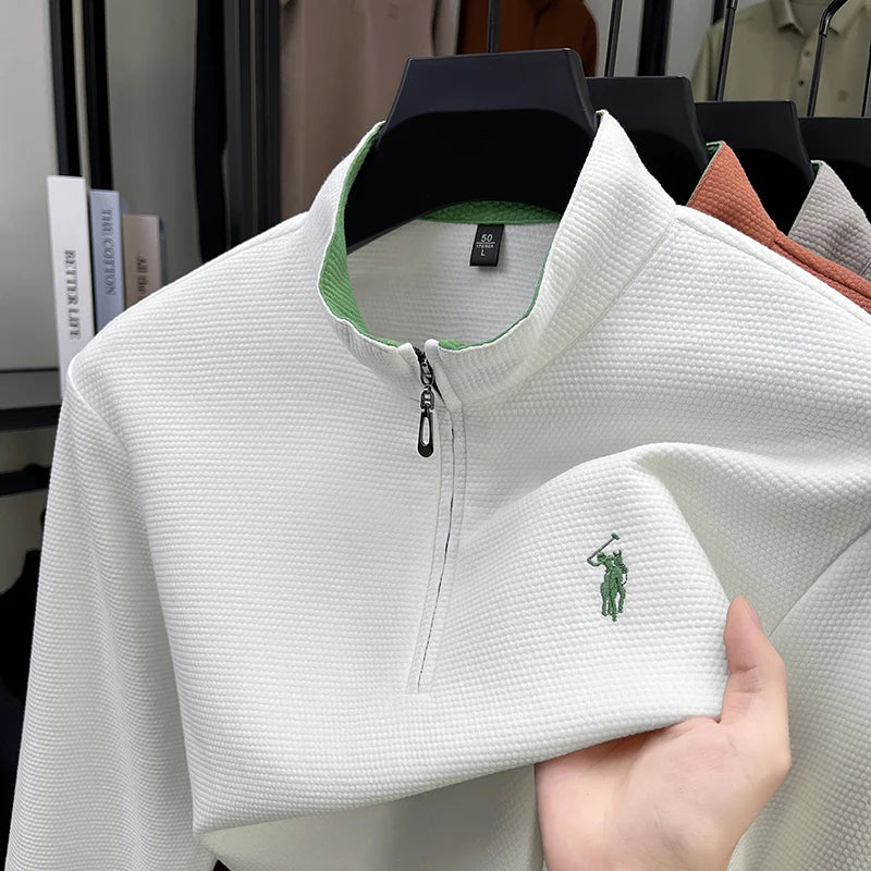 Men's Half-Zip Pony Embroidery Pullover – Stand-Collar Casual Top
