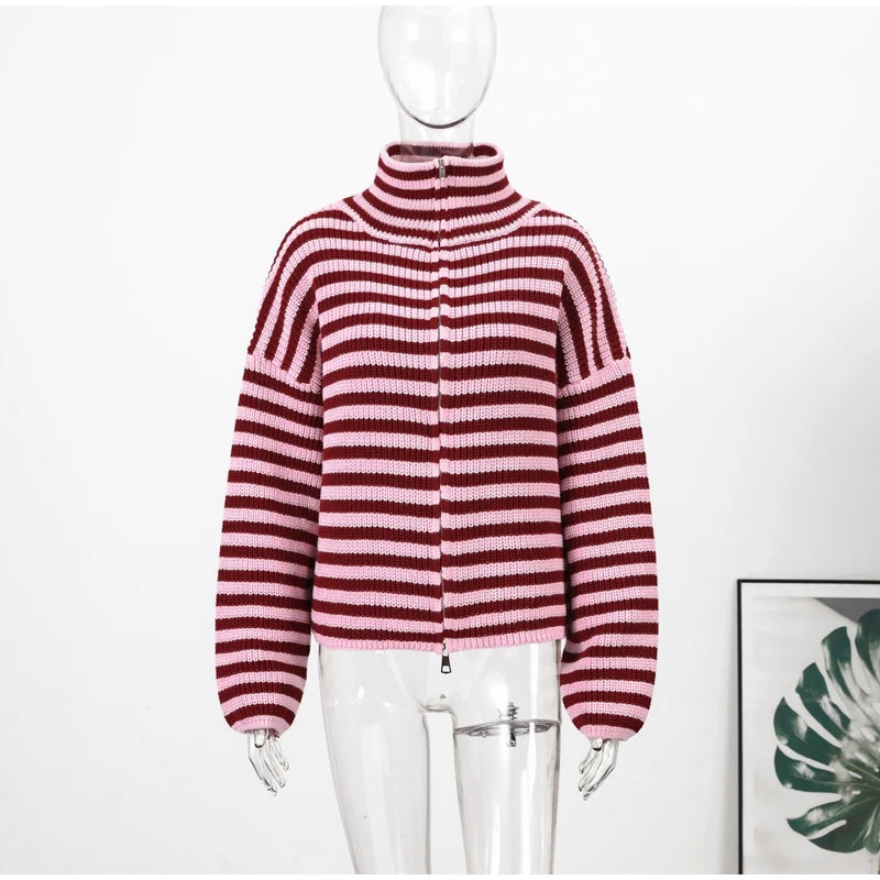 Women's Striped Zip-Up Knit Cardigan – Stand Collar, Loose Fit