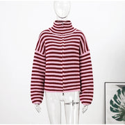 Women's Striped Zip-Up Knit Cardigan – Stand Collar, Loose Fit