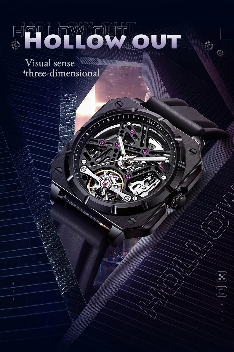 AILANG Men's Square Automatic Tourbillon Watch – Hollow Dial