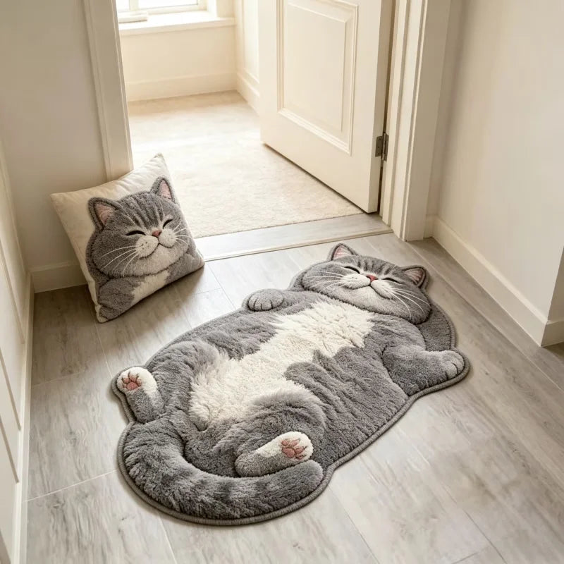 Cat-Shaped Plush Area Rug – Soft Cartoon Floor Mat for Bedroom & Living Room