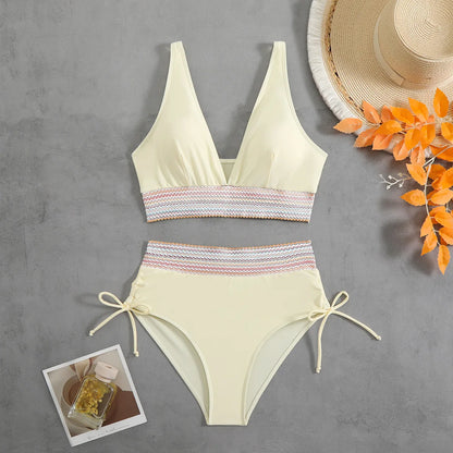 2024 Solid Color Drawstring Bikini Set Fashion High Waist Separate Patchwork Swimwear Drawstring Women Swimsuit Women