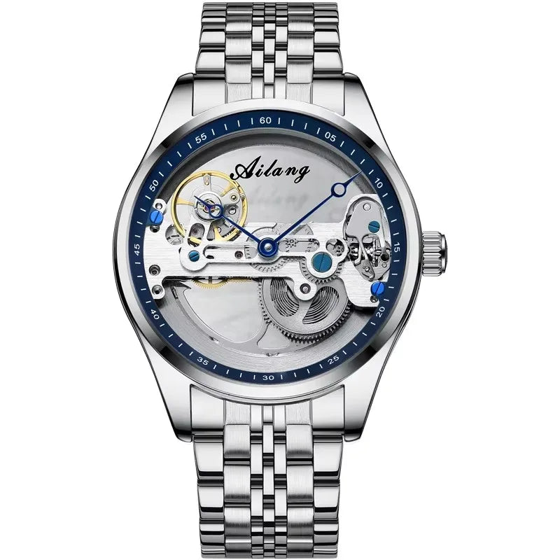 AILANG Men's Hollow Automatic Mechanical Watch – Black Leather, Skeleton Dial