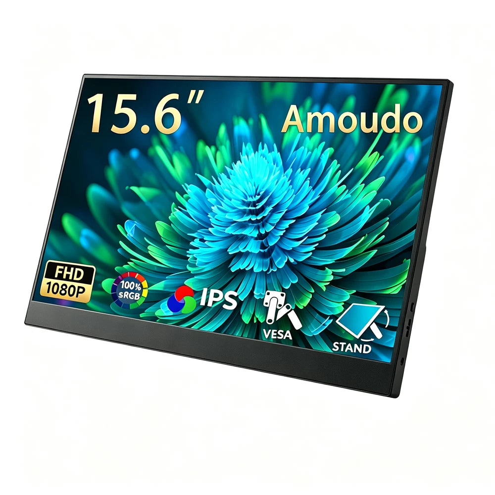 Amoudo 15.6" Portable Monitor – 1080p IPS Display, USB-C & Mini HDMI