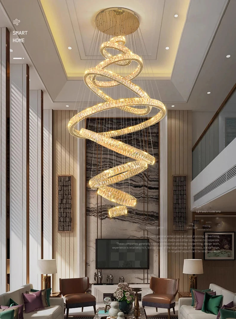 Crystal Ring Chandelier — Luxury Staircase Pendant, Remote Dimming