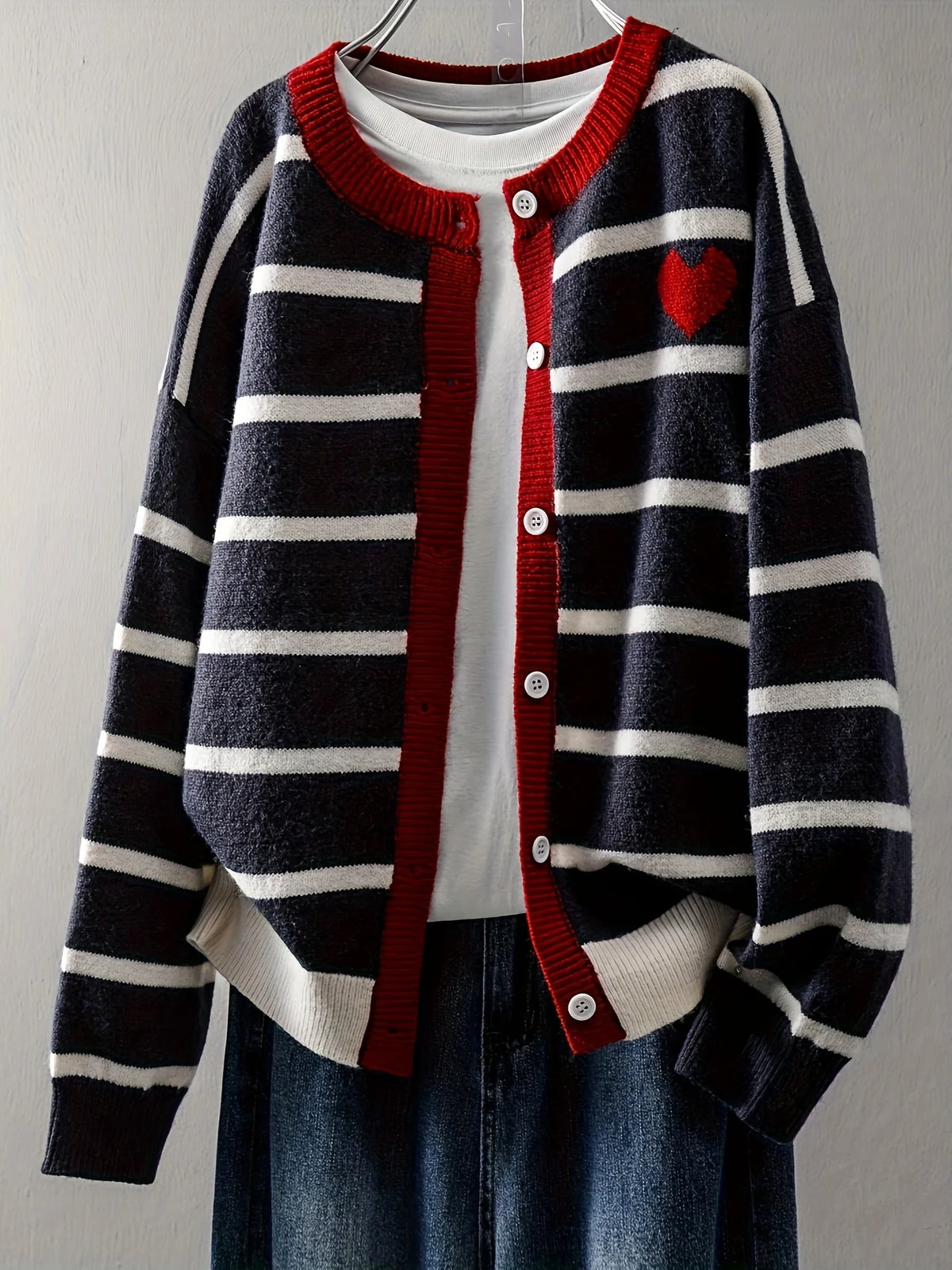 Women's Striped Heart Knit Cardigan – Cute Button-Front Sweater