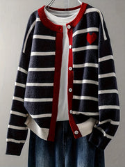 Women's Striped Heart Knit Cardigan – Cute Button-Front Sweater