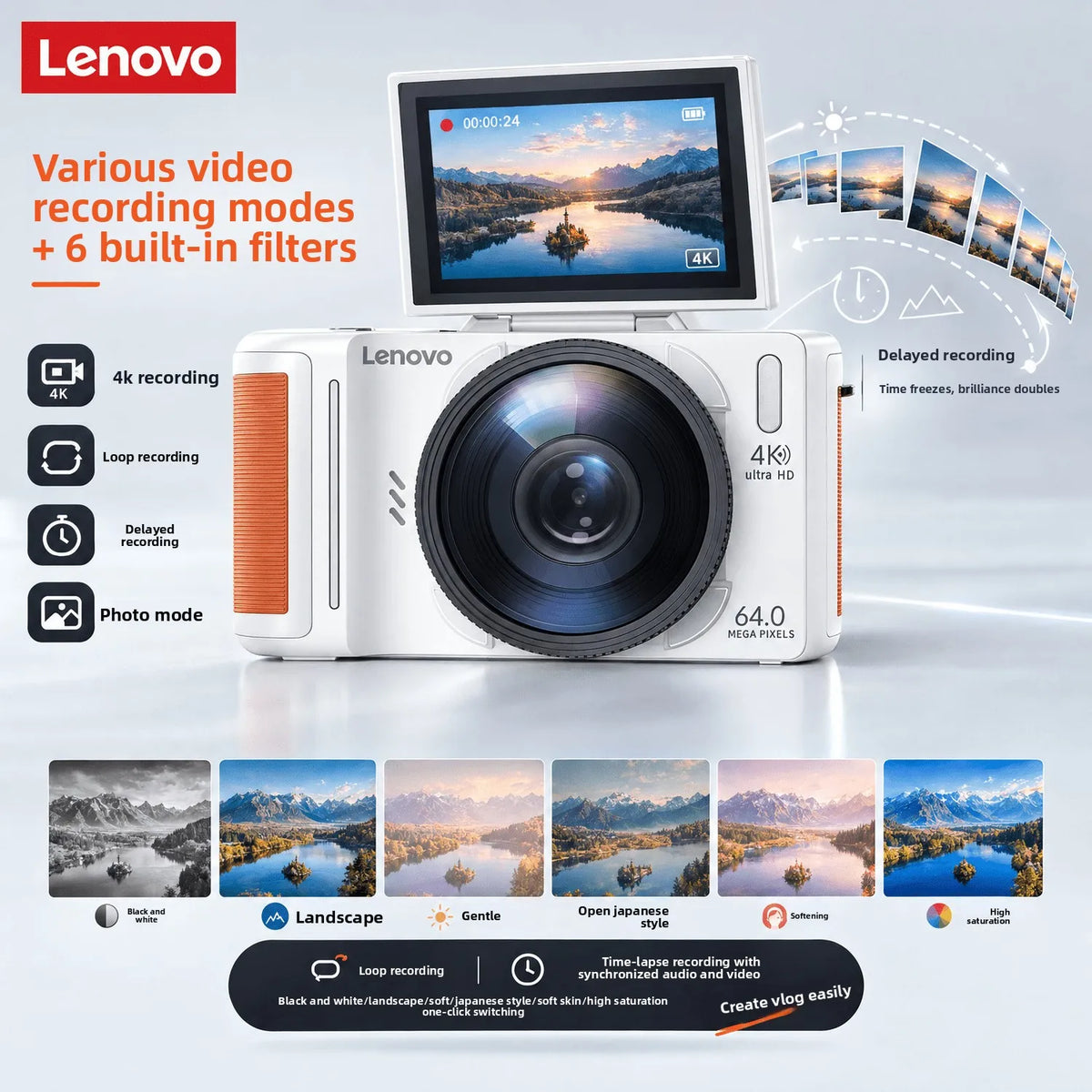 Lenovo R500 Digital Camera – 64MP, 18X Zoom, 1080p Vlogging