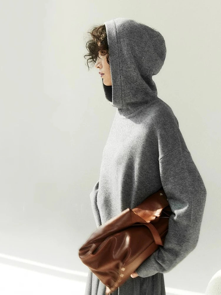 Women's Grey Hooded Cashmere-Blend Pullover – Warm Winter Jumper