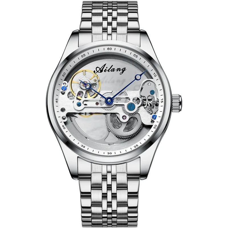 AILANG Men's Hollow Automatic Mechanical Watch – Black Leather, Skeleton Dial