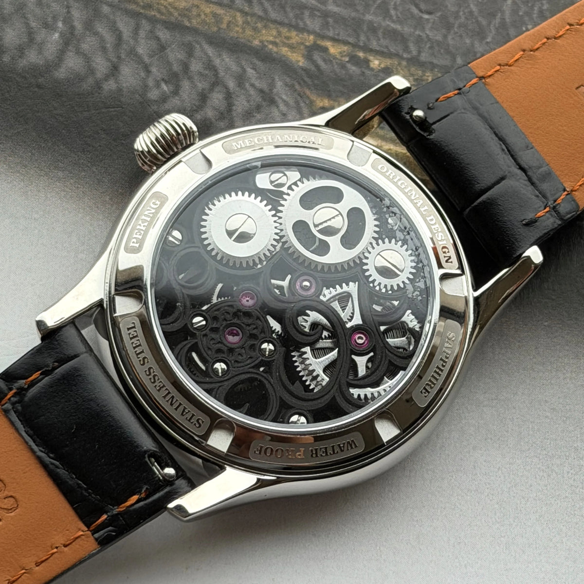 Merkur Men's Skeleton Tourbillon Watch – Sapphire, Engraved, Black