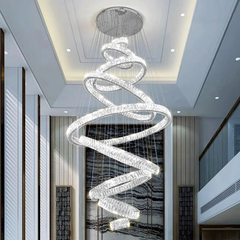 Crystal Ring Chandelier — Luxury Staircase Pendant, Remote Dimming
