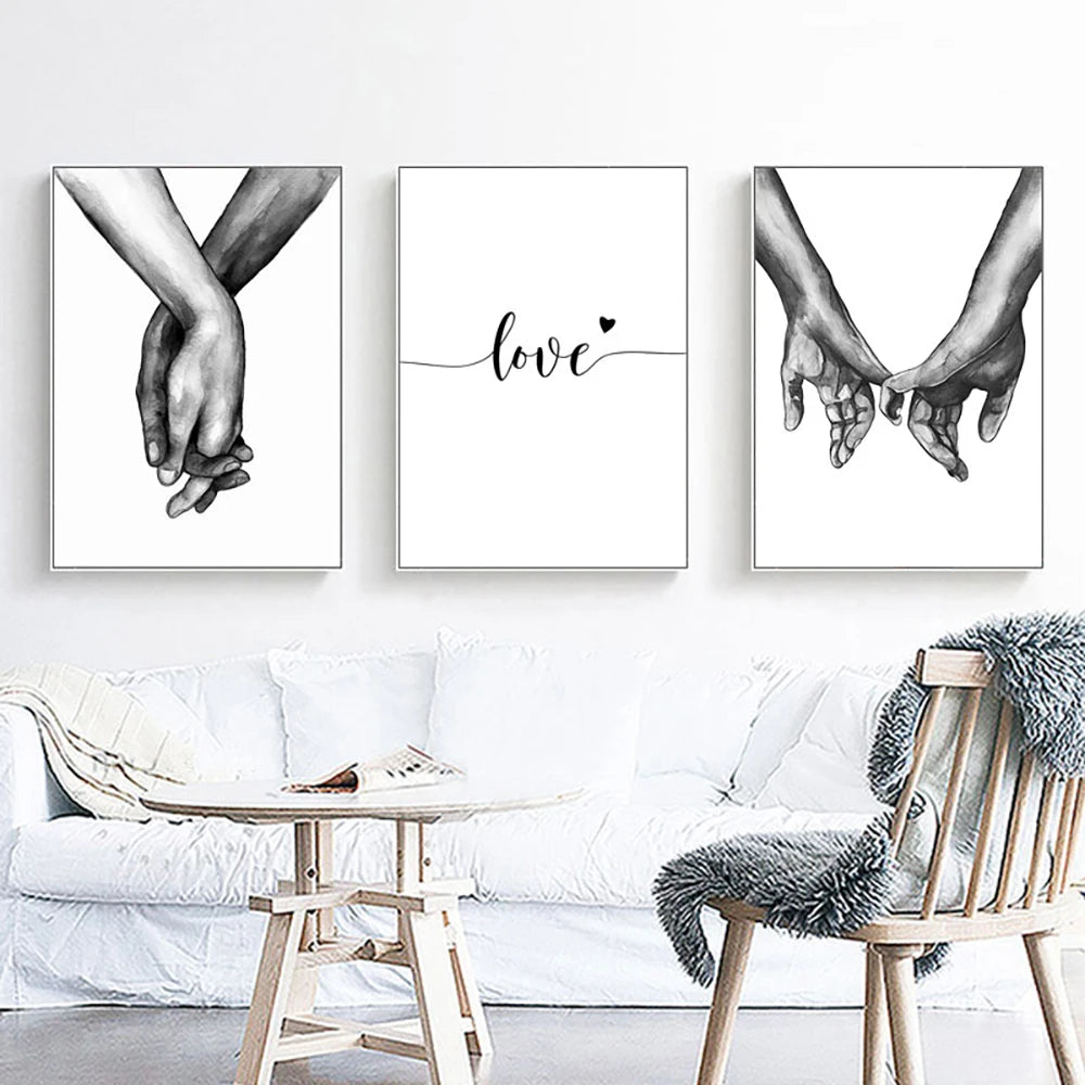 Black White Style Sweet Love Wall Art Canvas Poster Minimalist Hand In Hand Print Painting Picture For Living Room Bedroom Decor