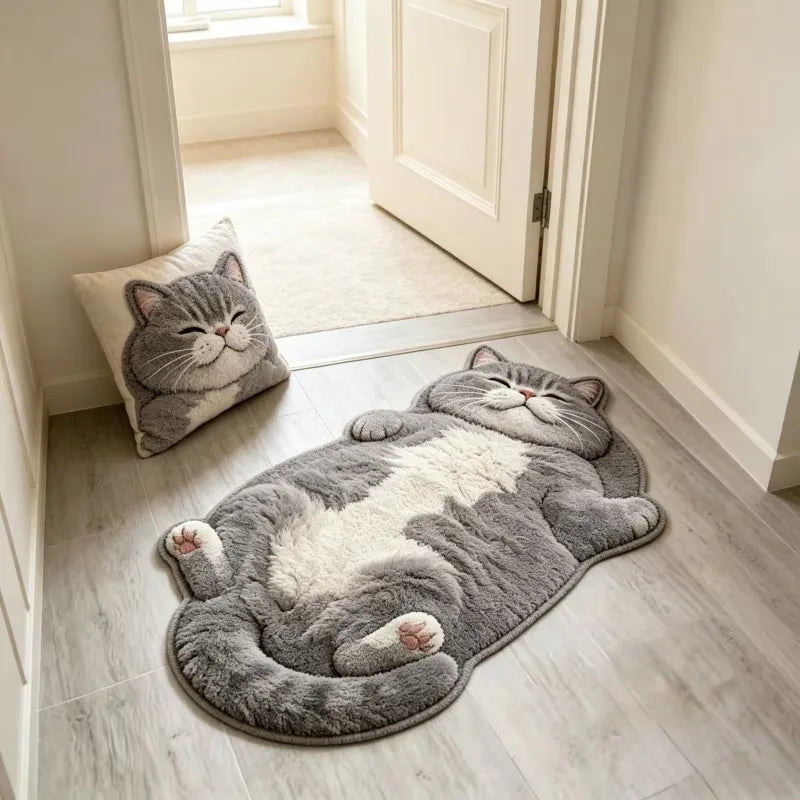 Cat-Shaped Plush Area Rug – Soft Cartoon Floor Mat for Bedroom & Living Room