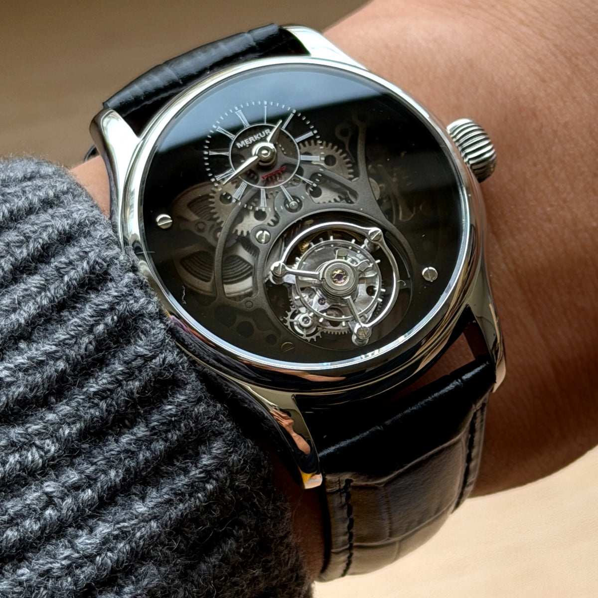 Merkur Men's Tourbillon Skeleton Watch – Sapphire, Transparent, 42mm