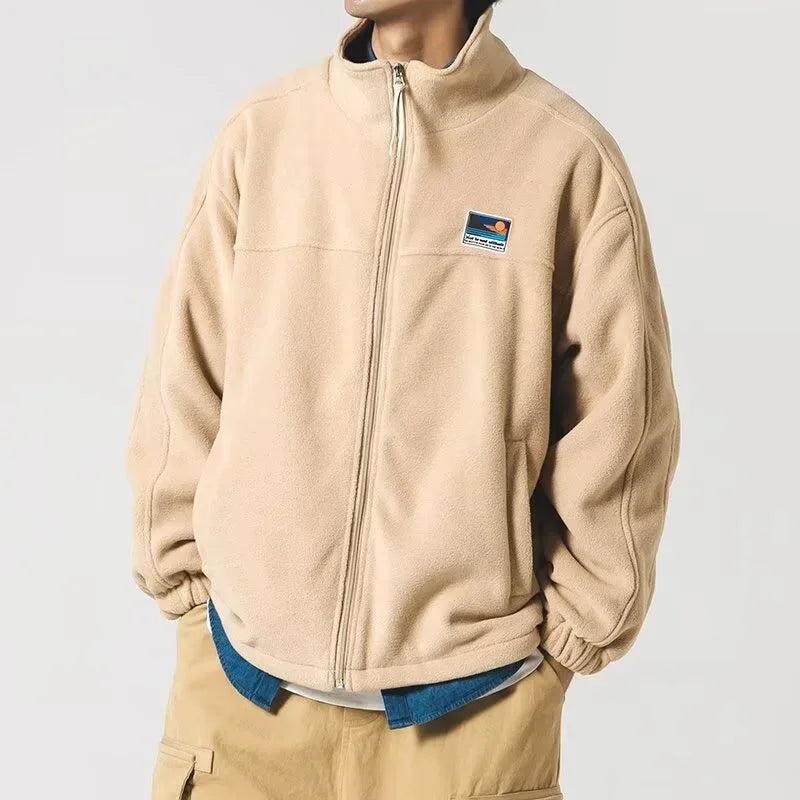Autumn Men's Vintage Polar Fleece Jackets Appliques Zipper Loose Fit Outwear Lambswool Coat Winter Stand Collar Bomber Jacket