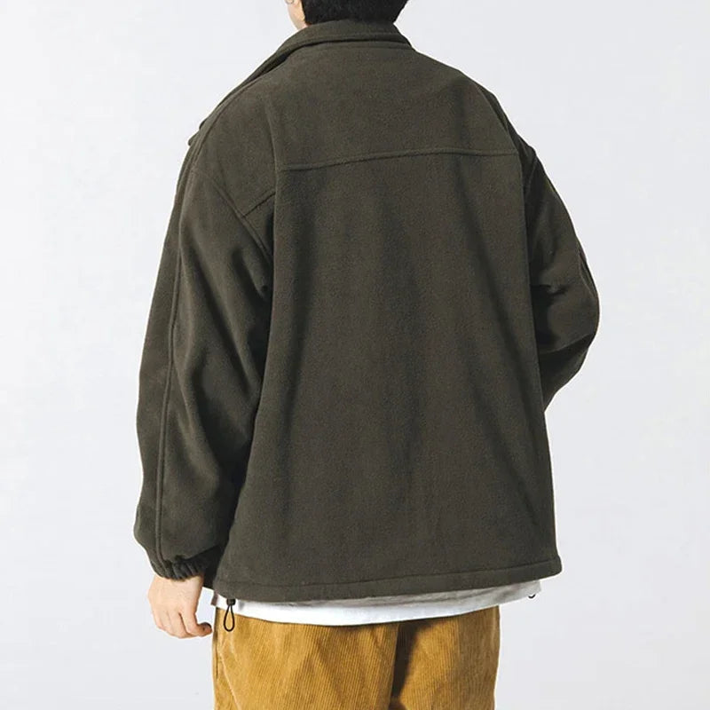 Autumn Men's Vintage Polar Fleece Jackets Appliques Zipper Loose Fit Outwear Lambswool Coat Winter Stand Collar Bomber Jacket