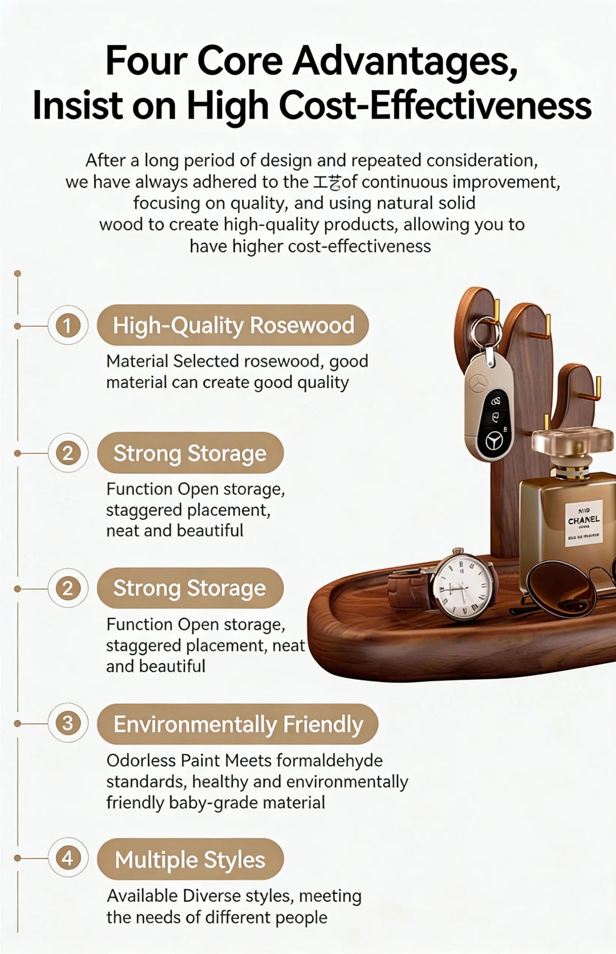 Retro Wooden Key Hanging Rack – Entrance Organiser with Watch & Glasses Display