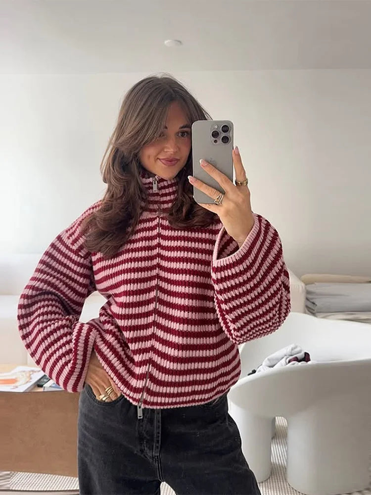 Women's Striped Zip-Up Knit Cardigan – Stand Collar, Loose Fit