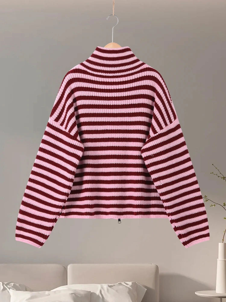 Women's Striped Zip-Up Knit Cardigan – Stand Collar, Loose Fit