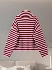 Women's Striped Zip-Up Knit Cardigan – Stand Collar, Loose Fit