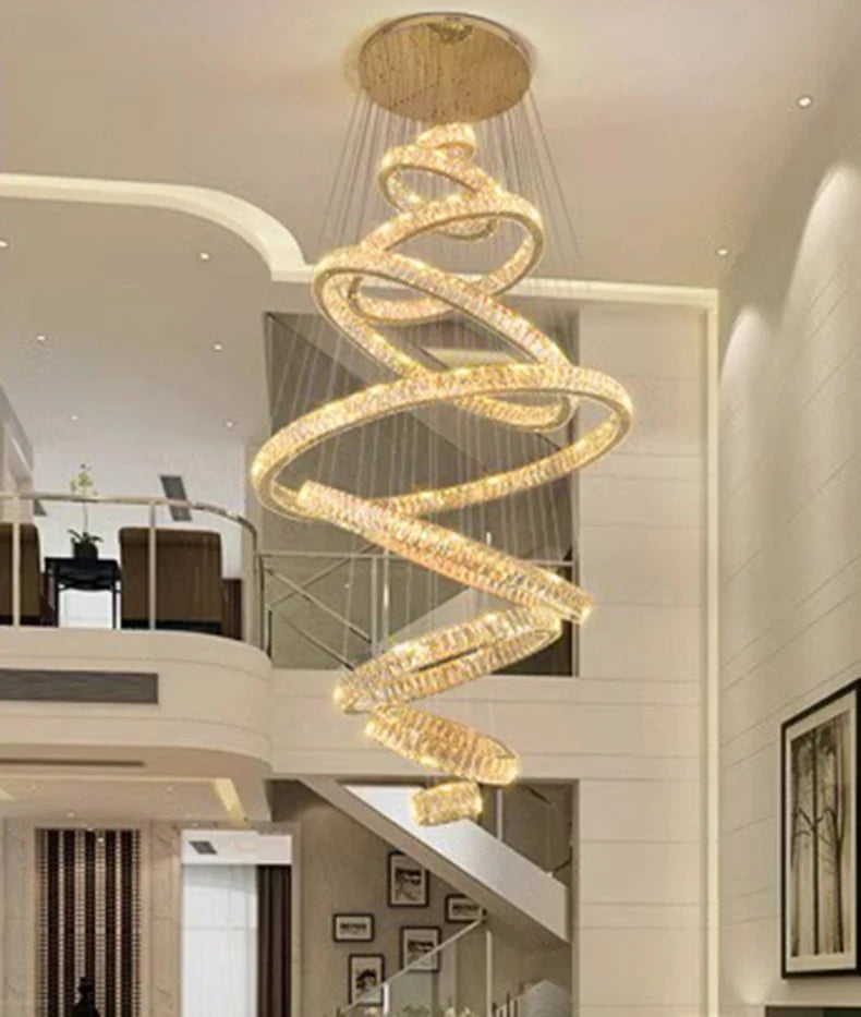 Crystal Ring Chandelier — Luxury Staircase Pendant, Remote Dimming