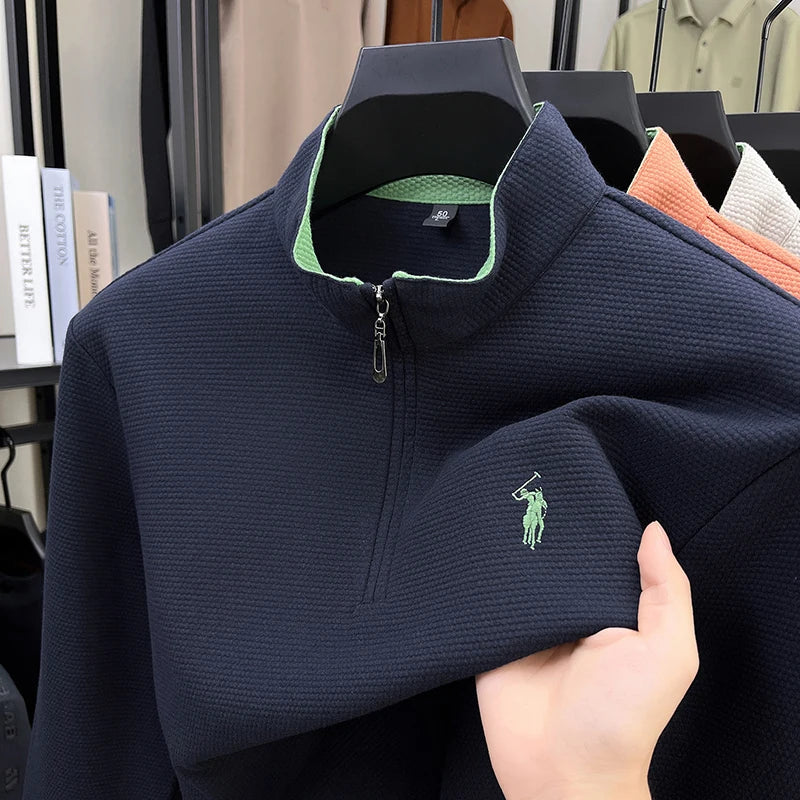 Men's Half-Zip Pony Embroidery Pullover – Stand-Collar Casual Top