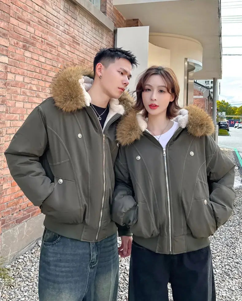 ZAROY Fur-Collar Hooded Parka – Thick Padded Y2K Winter Coat