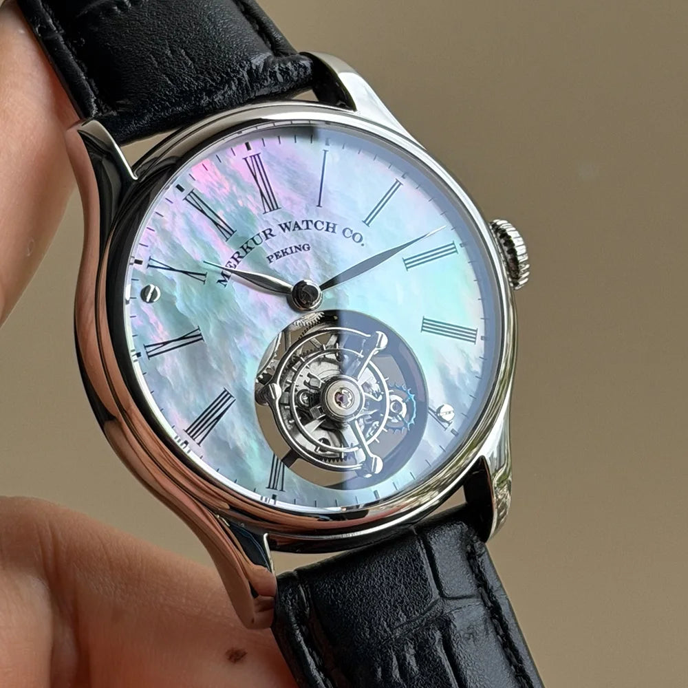 Merkur Men's Tourbillon Watch – Sapphire, Mother of Pearl Dial, Waterproof, 42mm