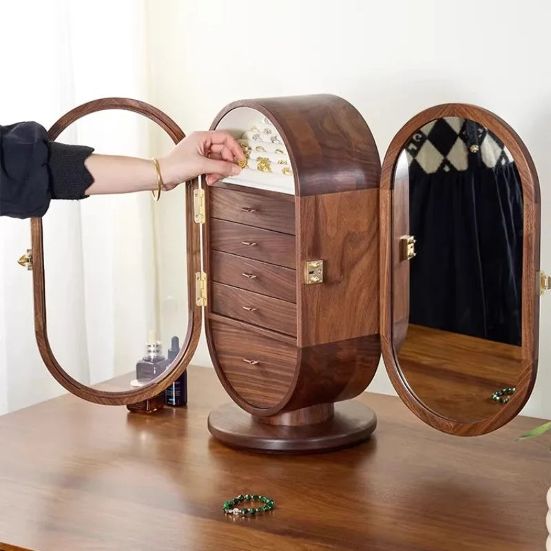 Solid Wood Jewellery Box with Mirror – Rotating Multifunctional Storage Cabinet