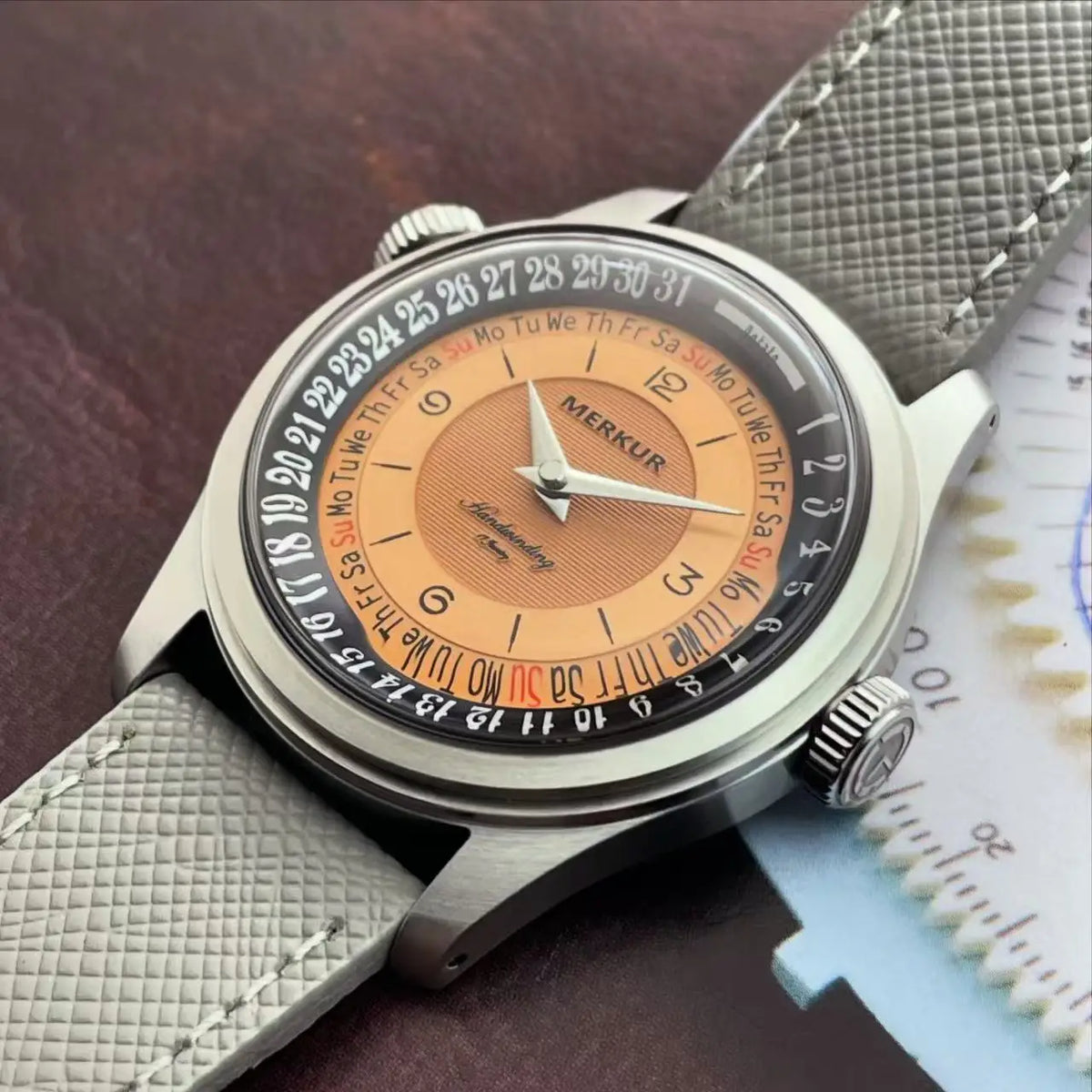 Merkur Men's Dual Crown Calendar Week Watch – Manual, Retro 38mm