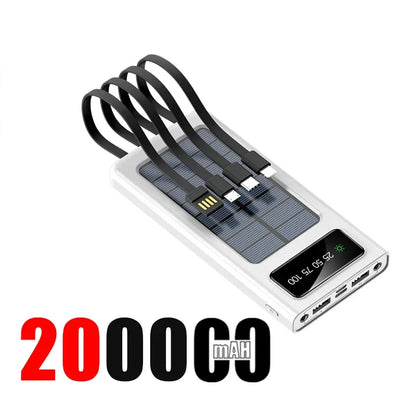 200000mAh Solar Power Bank Large Capacity Super Fast Charging Digital Display 4 Cables External Battery For iphone 16 15 Xiaomi