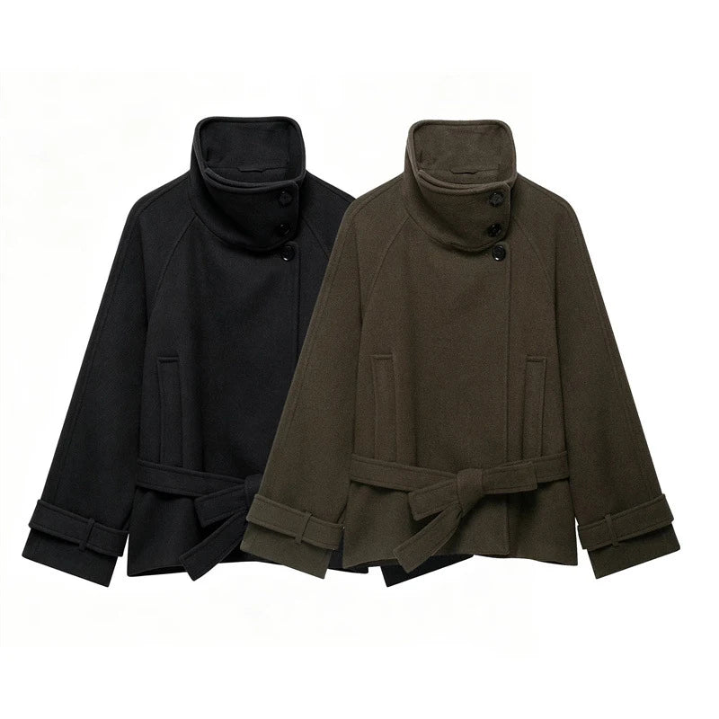 Women's Belted Wool-Blend Winter Coat – Asymmetric Lace-Up Design