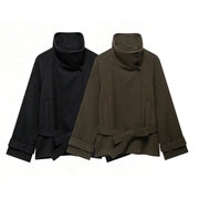 Women's Belted Wool-Blend Winter Coat – Asymmetric Lace-Up Design