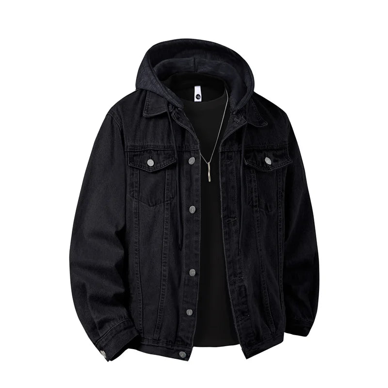 Men's Hooded Denim Jacket – Loose Streetwear Coat, Detachable Hood