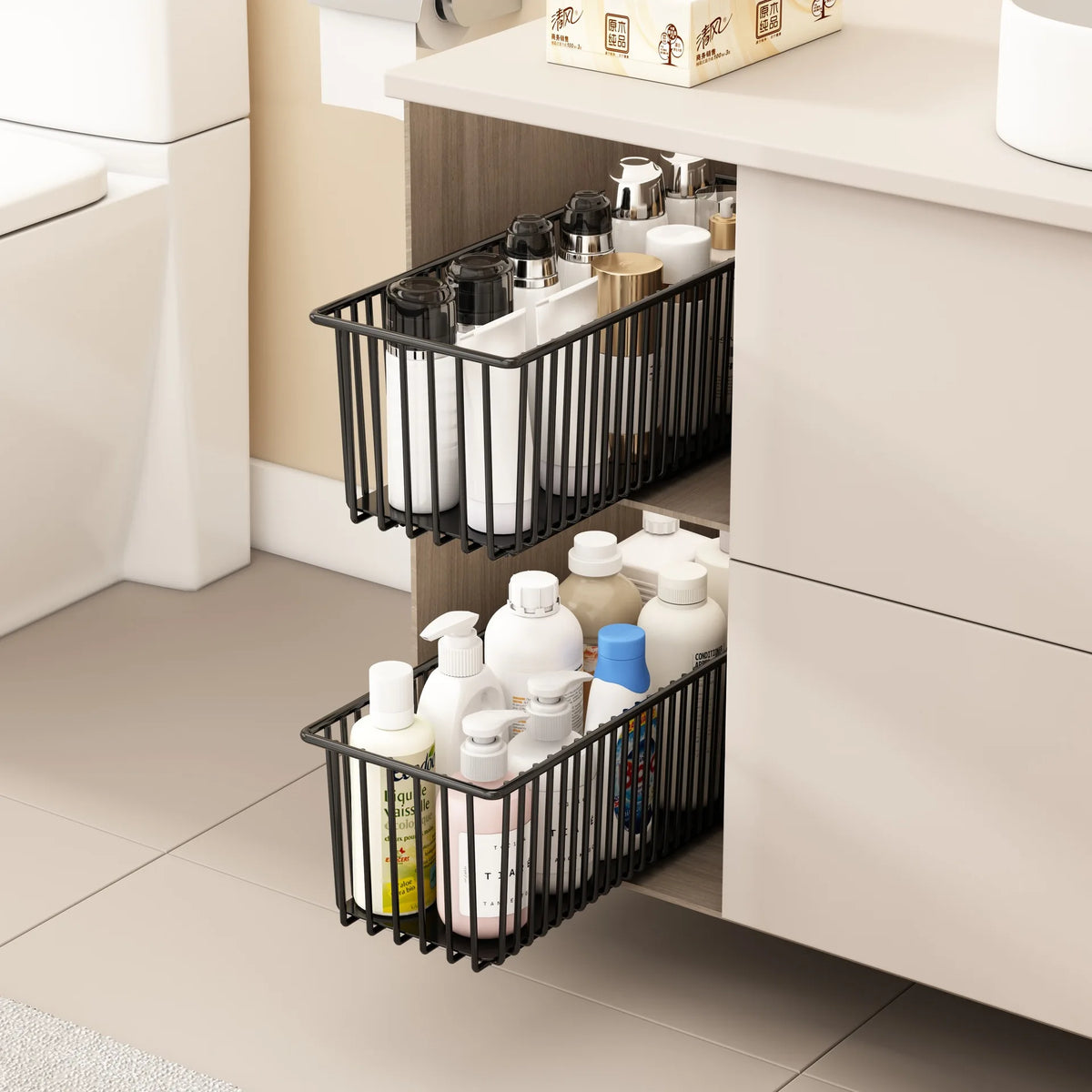 2-Pack Pull-Out Under-Sink Organiser – Sliding Cupboard Storage Baskets