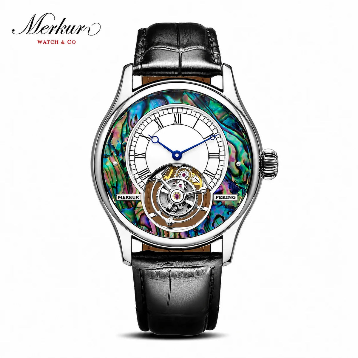 Merkur Men's Tourbillon Watch – Sapphire, Mother of Pearl Dial, 42mm