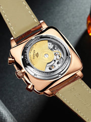 AILANG Men's Automatic Mechanical Watch – Hollow Dial, Calendar, Leather Strap