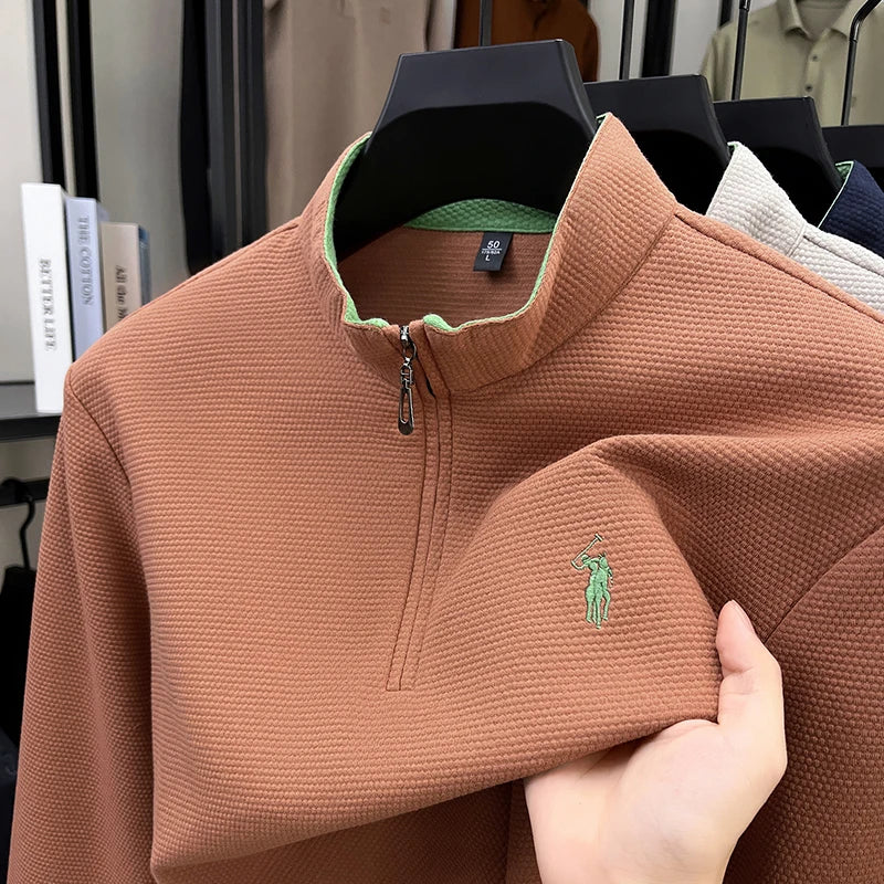 Men's Half-Zip Pony Embroidery Pullover – Stand-Collar Casual Top