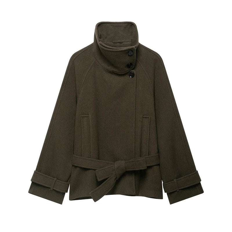 Women's Belted Wool-Blend Winter Coat – Asymmetric Lace-Up Design