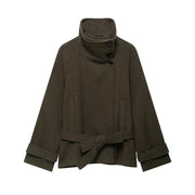 Women's Belted Wool-Blend Winter Coat – Asymmetric Lace-Up Design