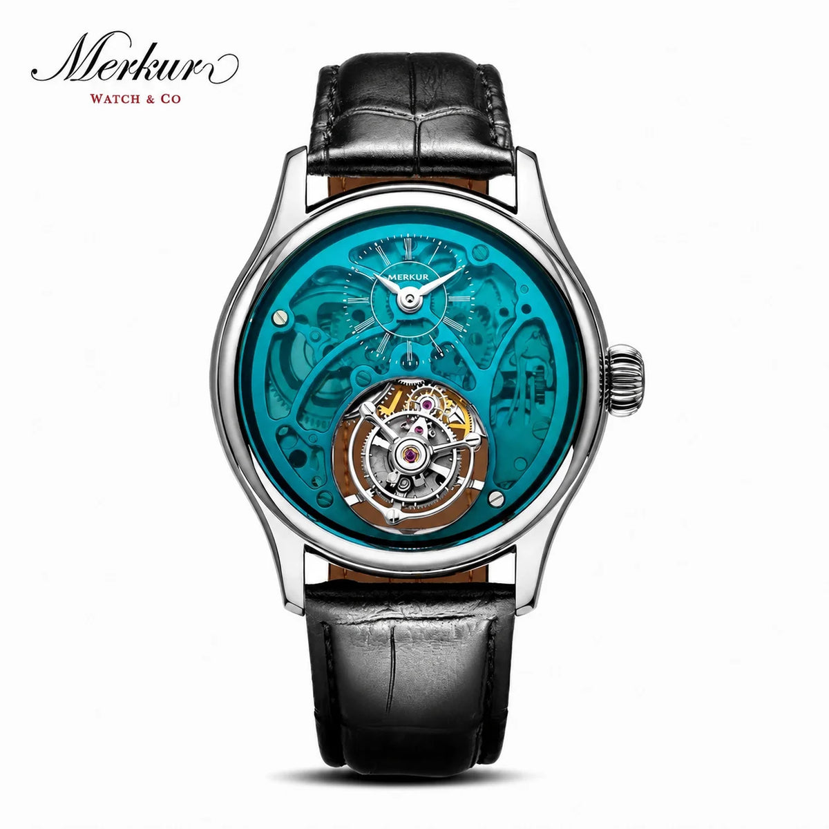 Merkur Men's Tourbillon Skeleton Watch – Sapphire, Transparent, 42mm