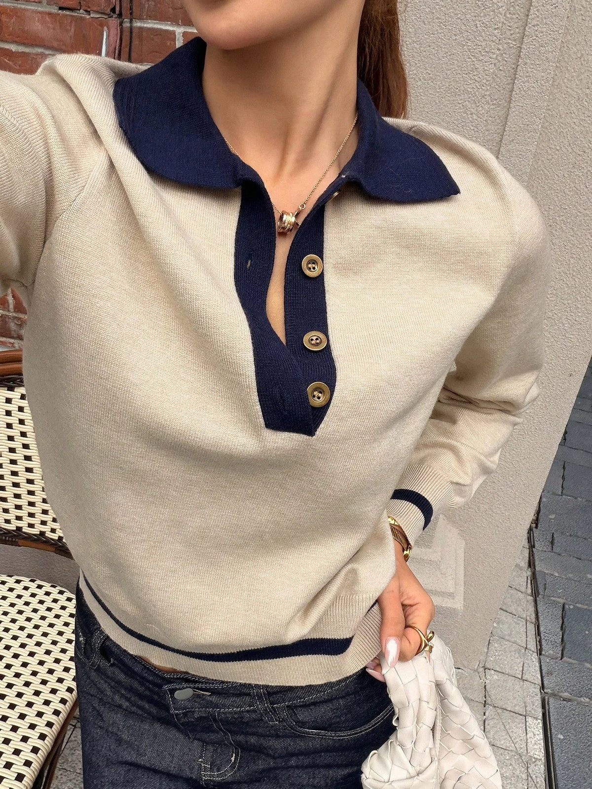 Women's Colour-Block Polo Neck Knit Top – Slim Fit Korean Style