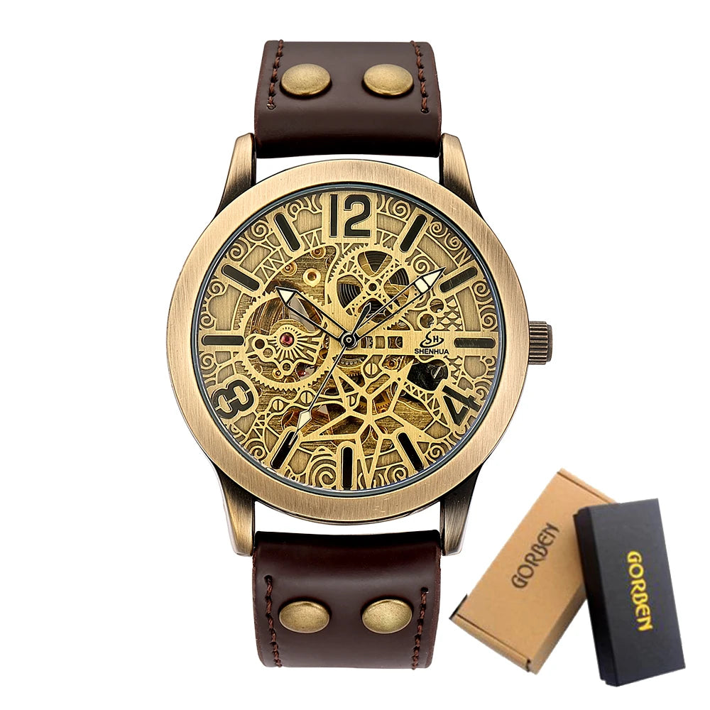 Retro Style Men Automatic Mechanical Watch Skeleton Steampunk Genuine Leather Band Mens Self Winding Wrist Watches Men Reloj