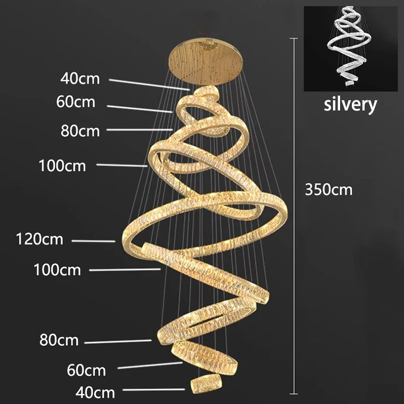 Crystal Ring Chandelier — Luxury Staircase Pendant, Remote Dimming